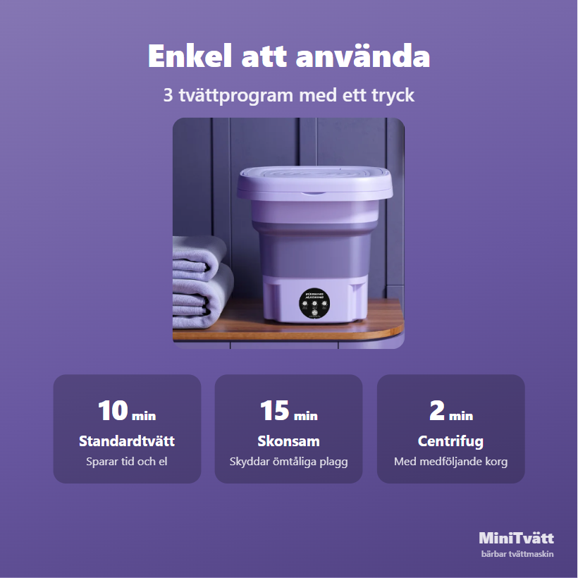 Mini tvättmaskin enkel att använda med 3 tvättprogram på 10, 15 och 2 minuter