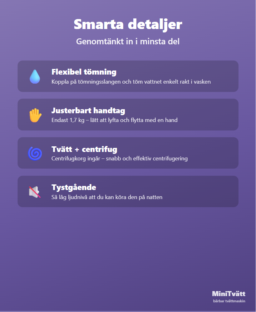 Smarta detaljer på mini tvättmaskin: enkel tömning, handtag, centrifug och tystgående drift
